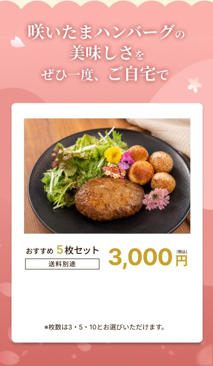 咲いたまハンバーグをご自宅で。おすすめ5枚セット3,000円