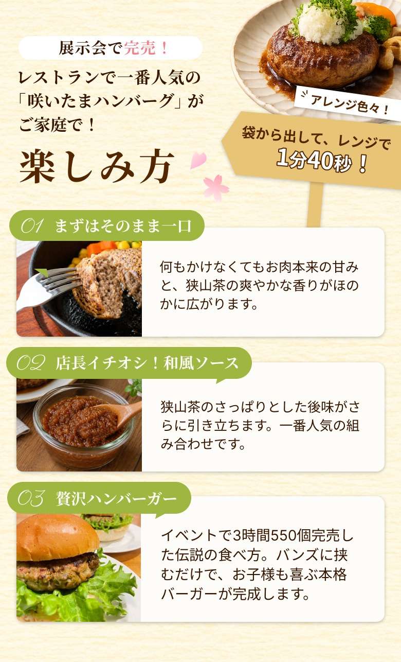 咲いたまハンバーグの楽しみ方。そのまま、和風ソース、ハンバーガーの3つのアレンジ