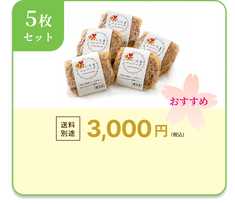 おすすめ 咲いたまハンバーグ5枚セット 3,000円 送料別途